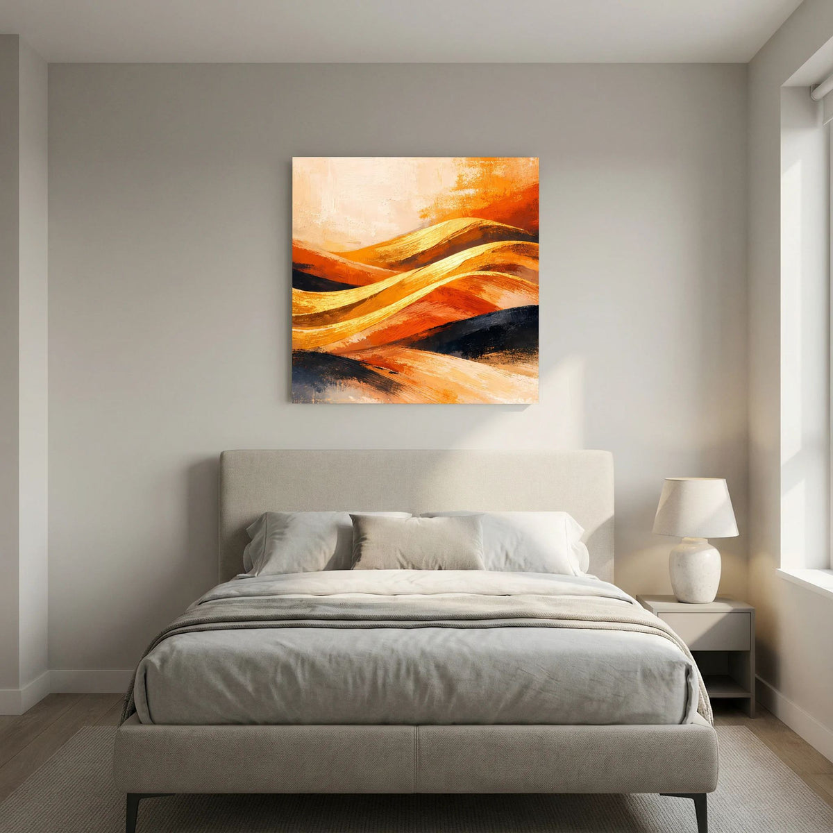 Abstraktes Leinwand-Wandbild, zentrale Dünenwellen in Gold-Orange und Dunkelblau