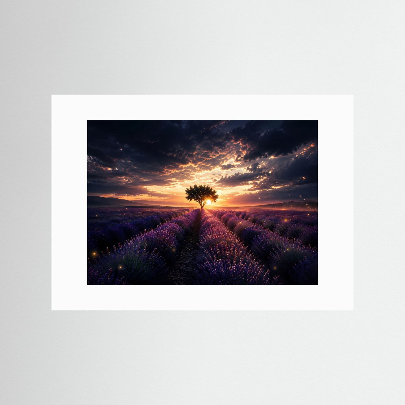 Lavendelfeld mit Baum Poster | Sonnenuntergang Landschaft Wandbild | Provence Lavendel Kunst | Natur Fine Art Print | Modernes Panorama