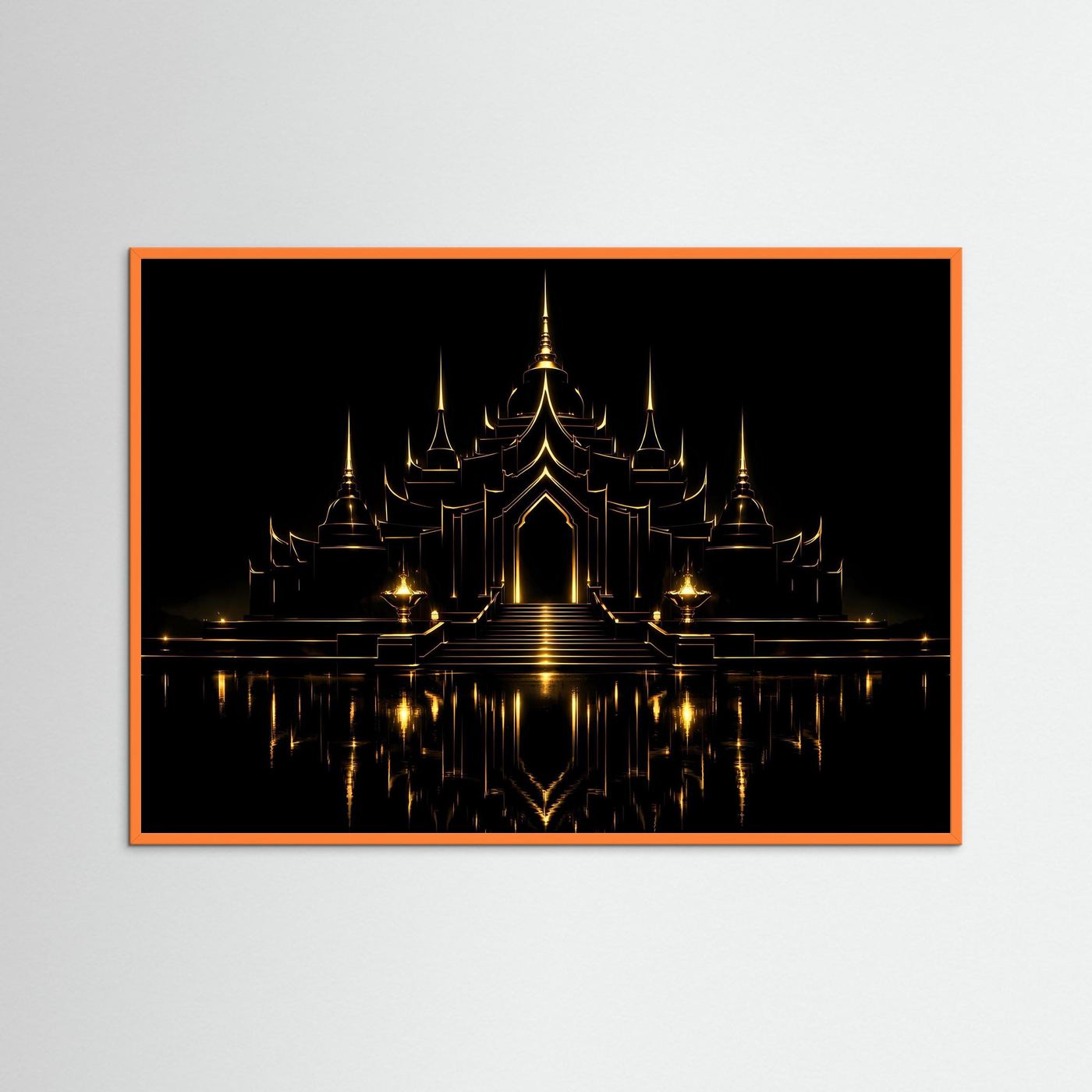 Poster mit goldener Tempelarchitektur, schwarzem Hintergrund, Spiegelbild, orangefarbener Rahmen.