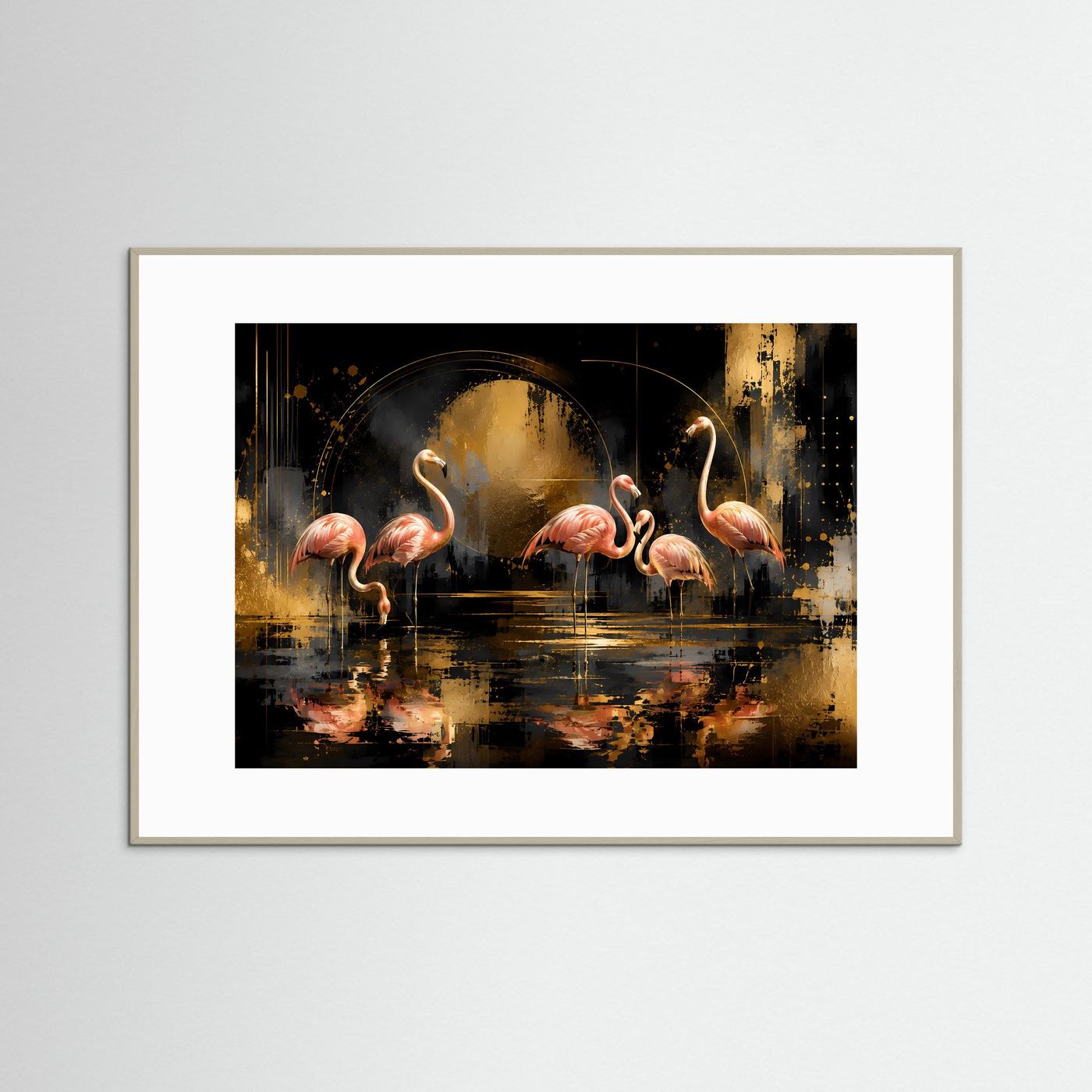 Poster Querformat: abstrakte Flamingos in Rosa/Schwarz/Gold, weiß gerahmt