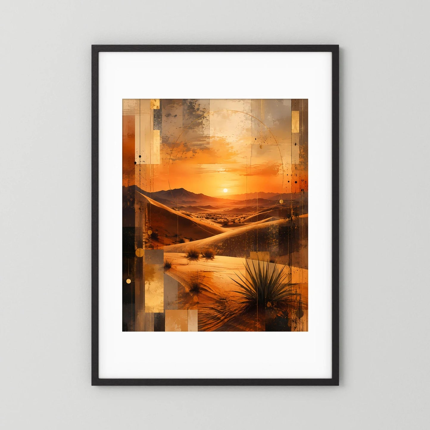 Wüstenlandschafts-Poster, Hochformat, schwarzer Rahmen; orange Dünen mit weißem Passepartout