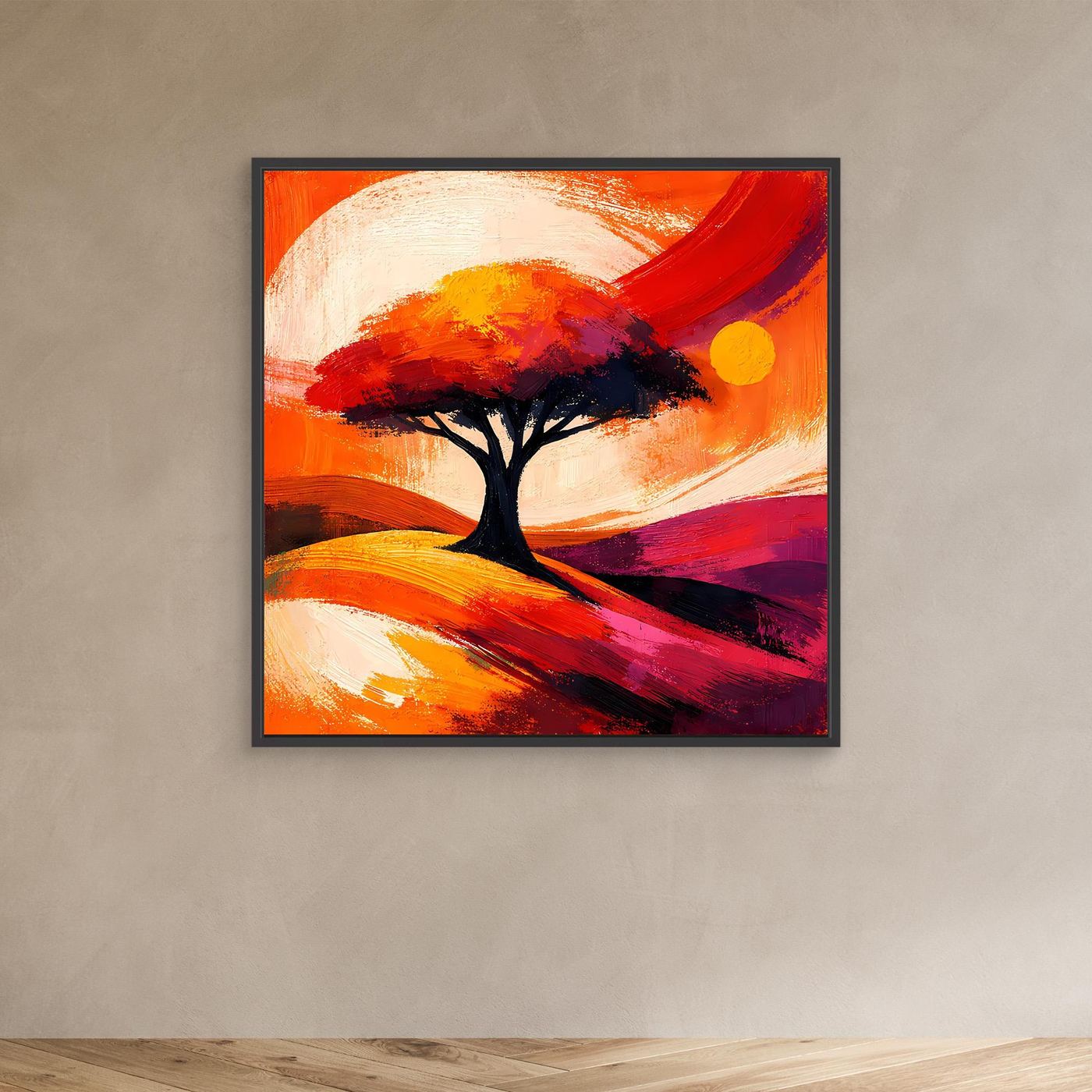 Leinwandbild mit abstraktem Baum in Orange/Rot und gelbem Kreis, schwarzer Rahmen