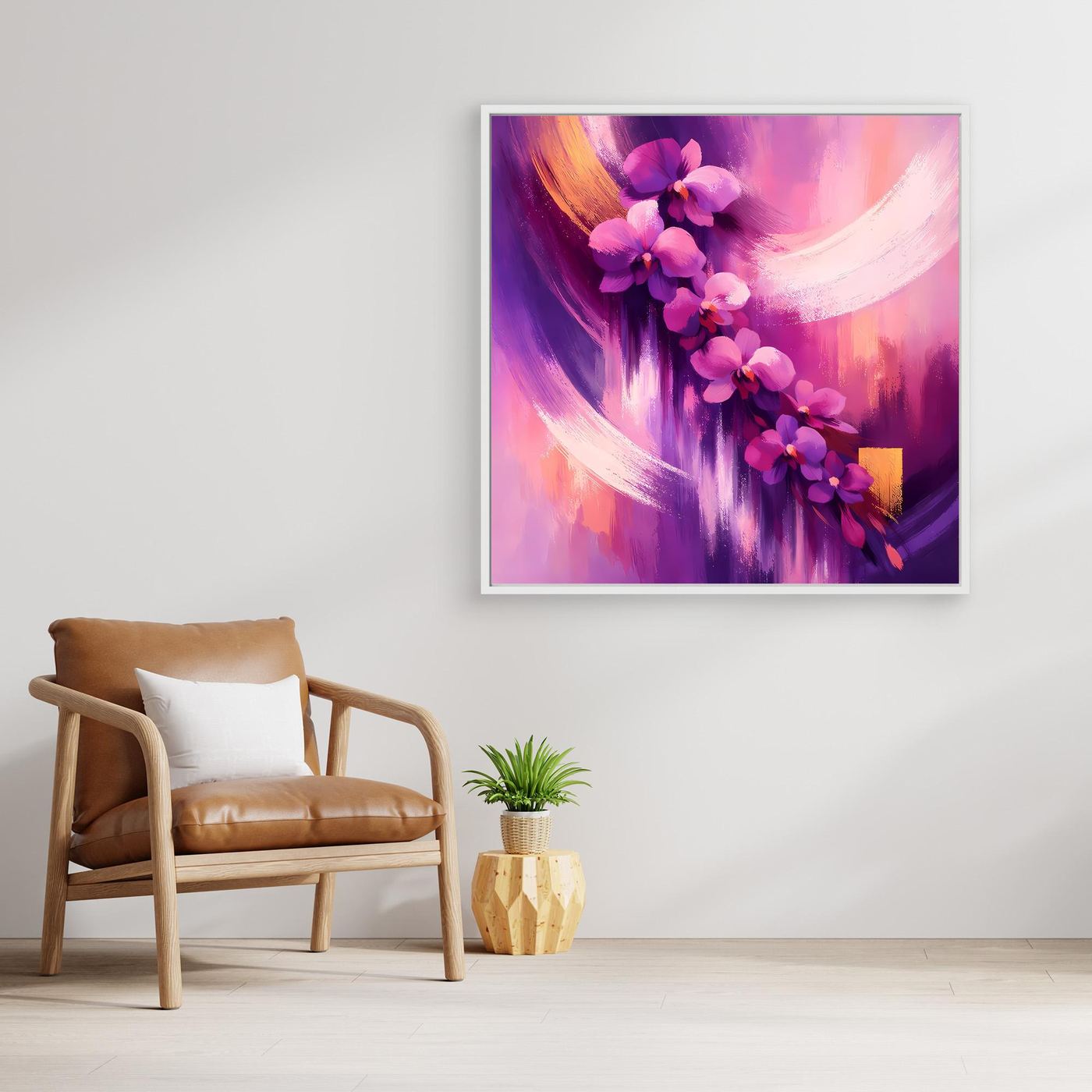 Abstraktes Orchideen-Leinwandbild mit silbernem Rahmen in Lila und Pink