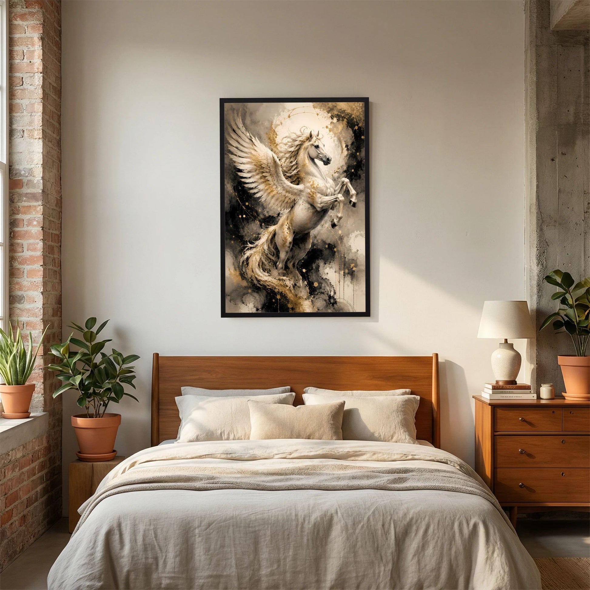 Poster im schwarzen Rahmen mit abstraktem Pegasus-Motiv in Weiß, Grau und Gold, Hochformat