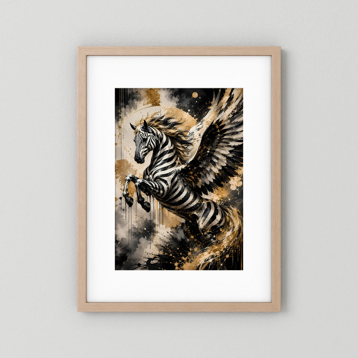Geflügeltes Zebrapferd | Schwarz Gold abstrakte Fantasy Kunst | Poster Hochformat