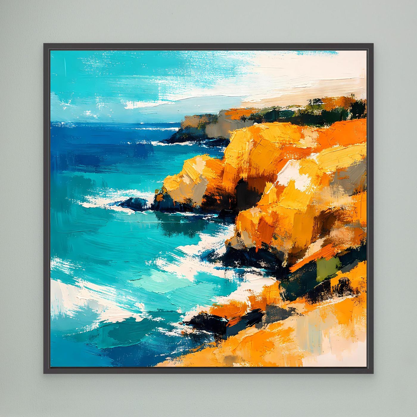 Leinwand Abstraktes Steilküsten Gemälde | Modernes Mediterranes Meeres Wandbild Blau Gelb
