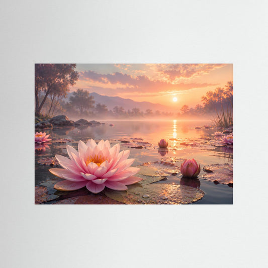 Poster mit rosa Seerosen auf ruhigem See bei Sonnenuntergang, querformat