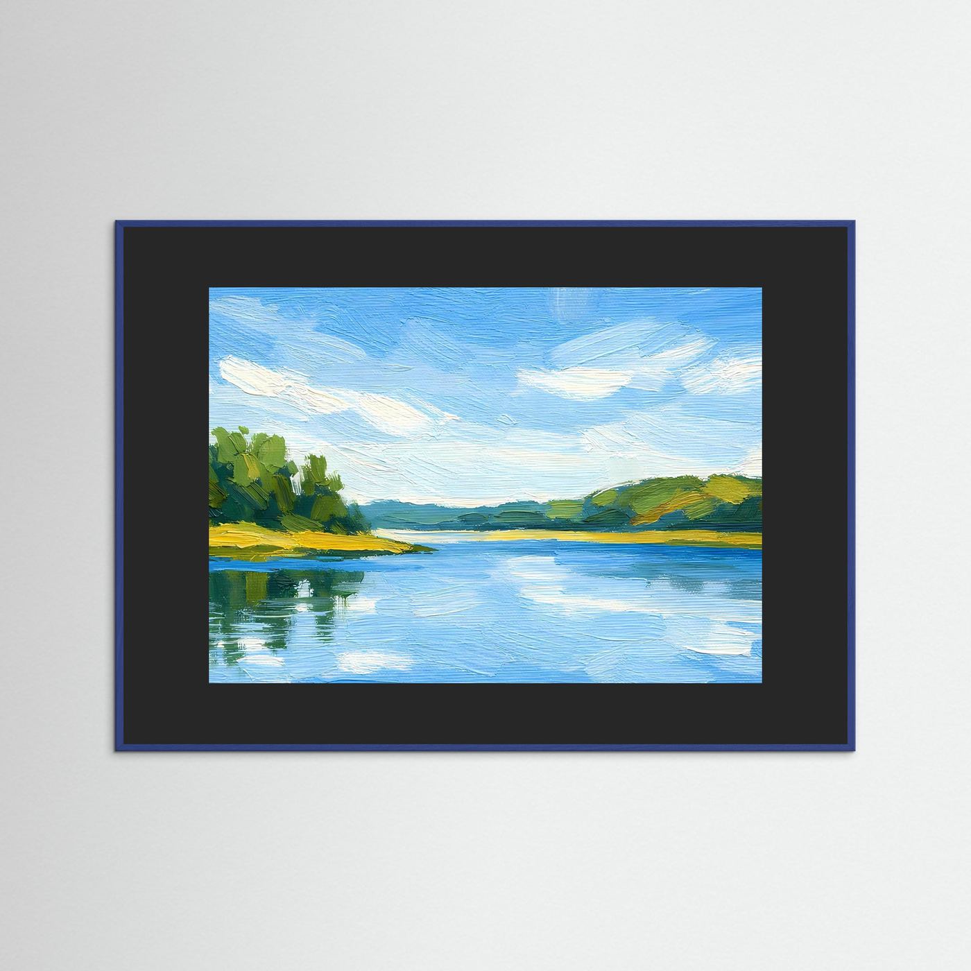 Wandbild mit Flusslandschaft, dunkler Rahmen
