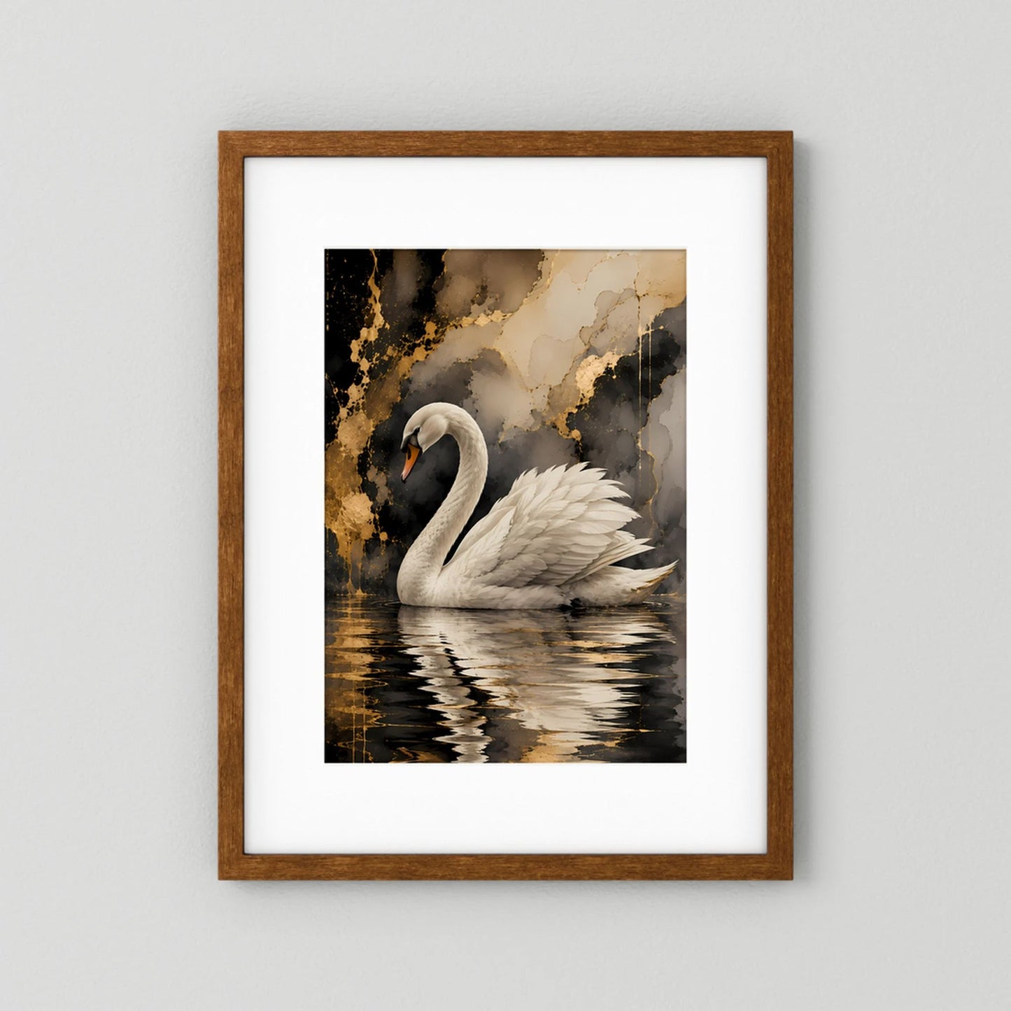 Gerahmtes Poster mit weißem Schwan im Wasser, Gold-Schwarz-Abstraktion, brauner Rahmen