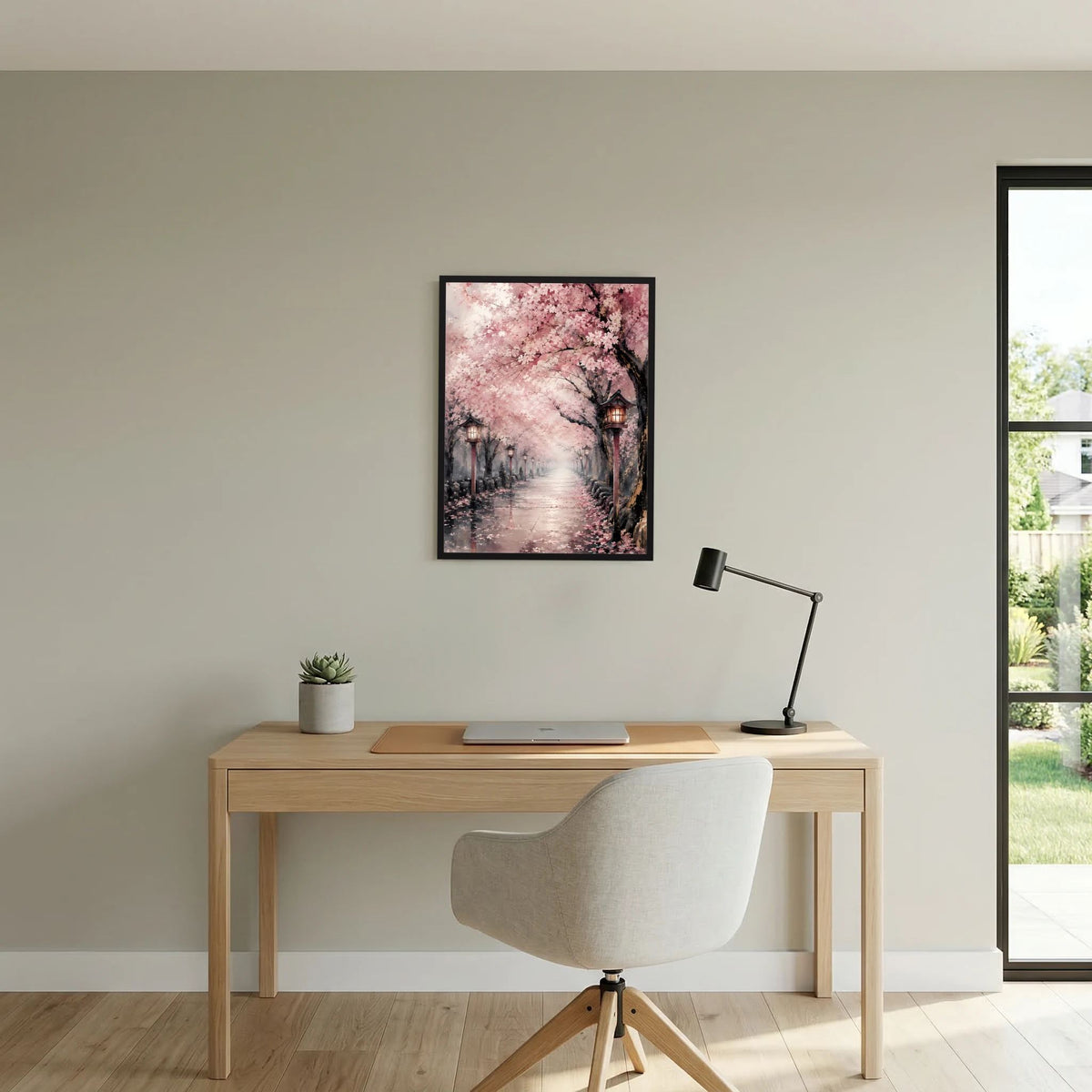 Hochformat-Poster im schwarzen Rahmen: Kirschblütenallee in Rosa mit Laternen.