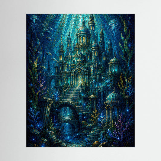Hochformat-Poster mit Unterwasserstadt im Mosaikstil, blau mit goldenen Details