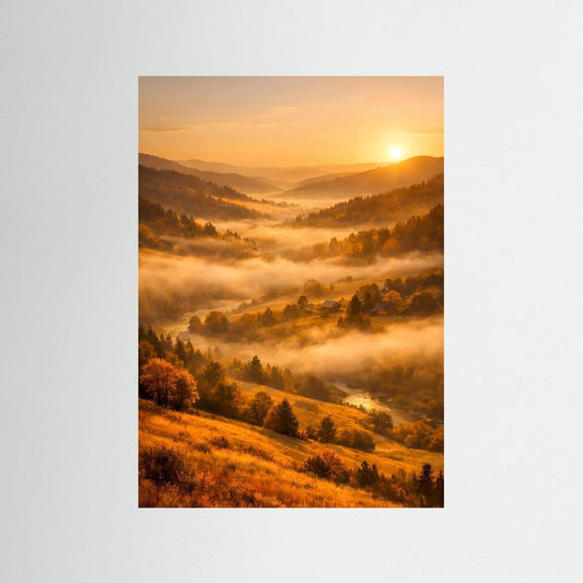 Landschaftsposter im Hochformat: goldene Hügel, Nebel und Sonne im Sonnenaufgang
