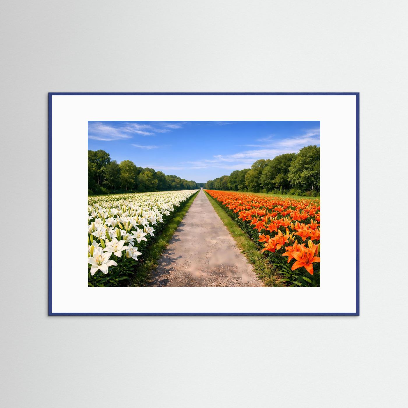 Prachtvolles Lilienfeld mit Allee-Weg | Weiße & Orange Blüten Natur Poster Querformat