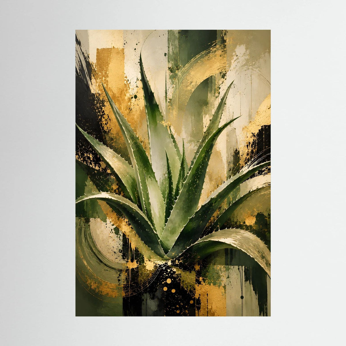 Abstraktes Aloe-Vera-Wandbild mit grünen Blättern und goldfarbenen Akzenten, ohne Rahmen