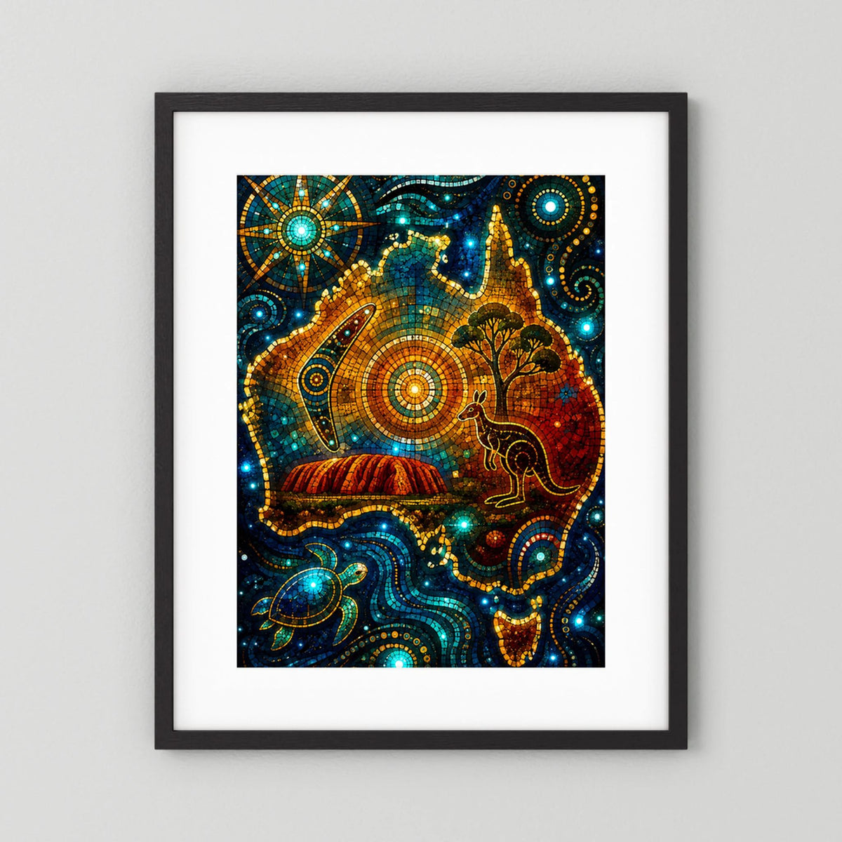 Hochformat-Poster mit Mosaikmotiv: Känguru, Uluru und Meeresschildkröte, schwarzer Rahmen.
