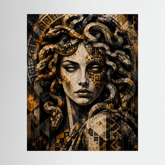 Poster im Hochformat mit Medusa-Porträt und gold-schwarzen Schlangenmosaik-Optik