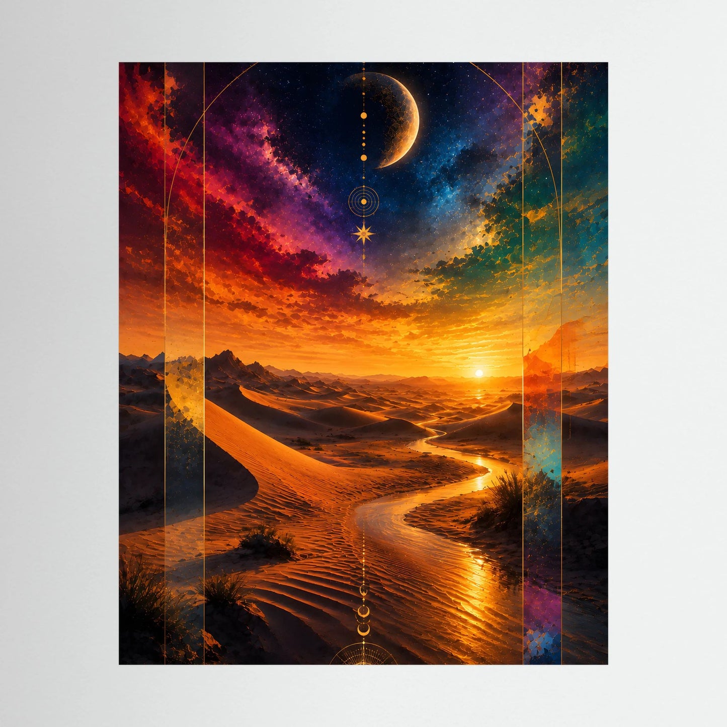 Hochformat-Poster: kosmische Wüste mit Halbmond, Sonnenuntergang in Gold/Orange