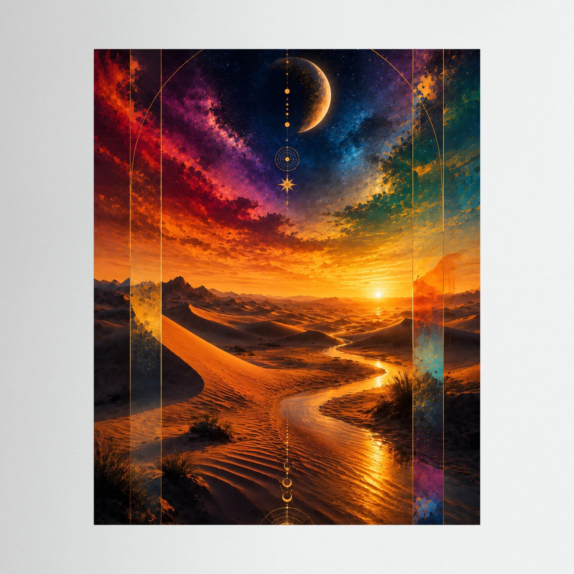 Hochformat-Poster: kosmische Wüste mit Halbmond, Sonnenuntergang in Gold/Orange