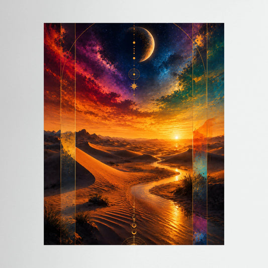 Hochformat-Poster: kosmische Wüste mit Halbmond, Sonnenuntergang in Gold/Orange