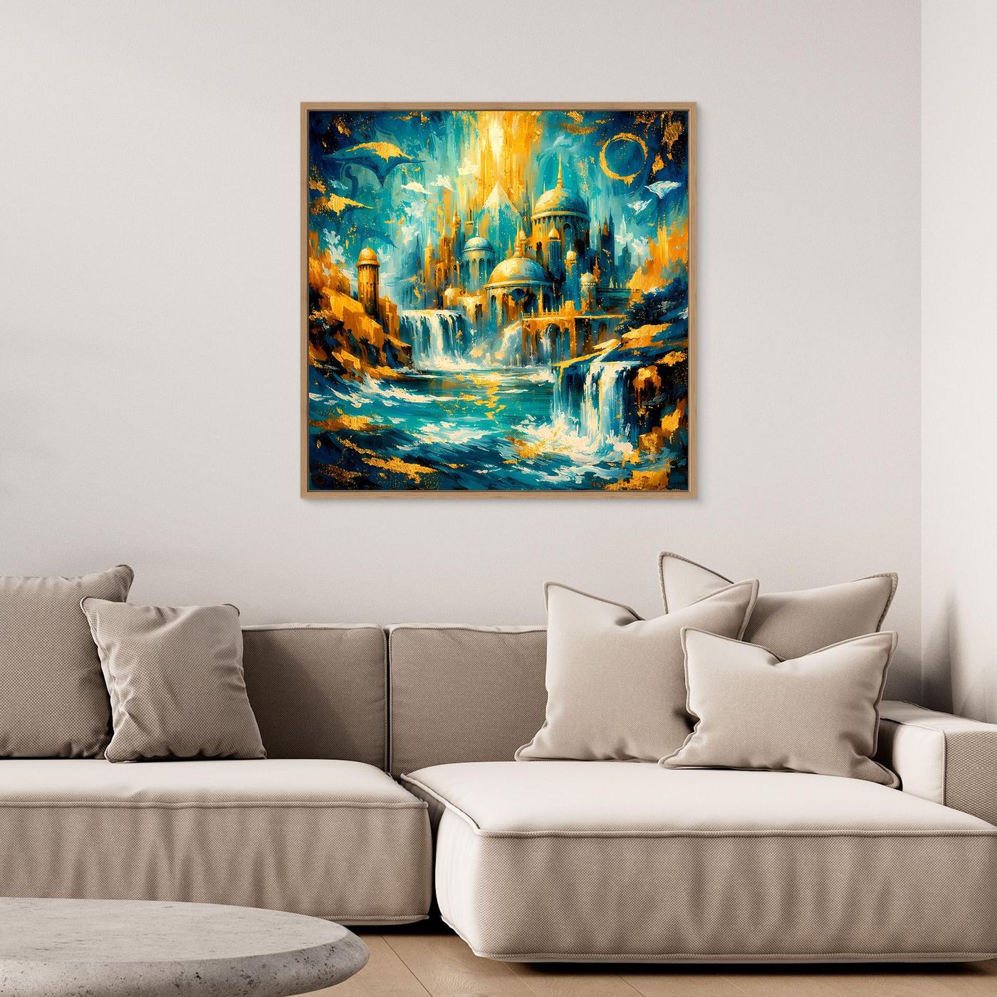 Quadratisches Leinwandbild mit dunklem Rahmen: Fantasy-Stadt mit Palast und Wasserfällen, türkis/gold