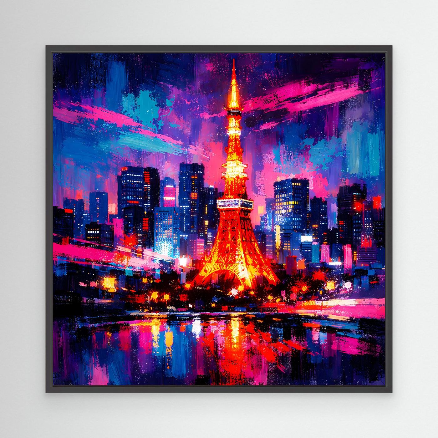 Leinwand-Wandbild Skyline mit Eiffelturm, kräftige Neonfarben, schwarzer Rahmen
