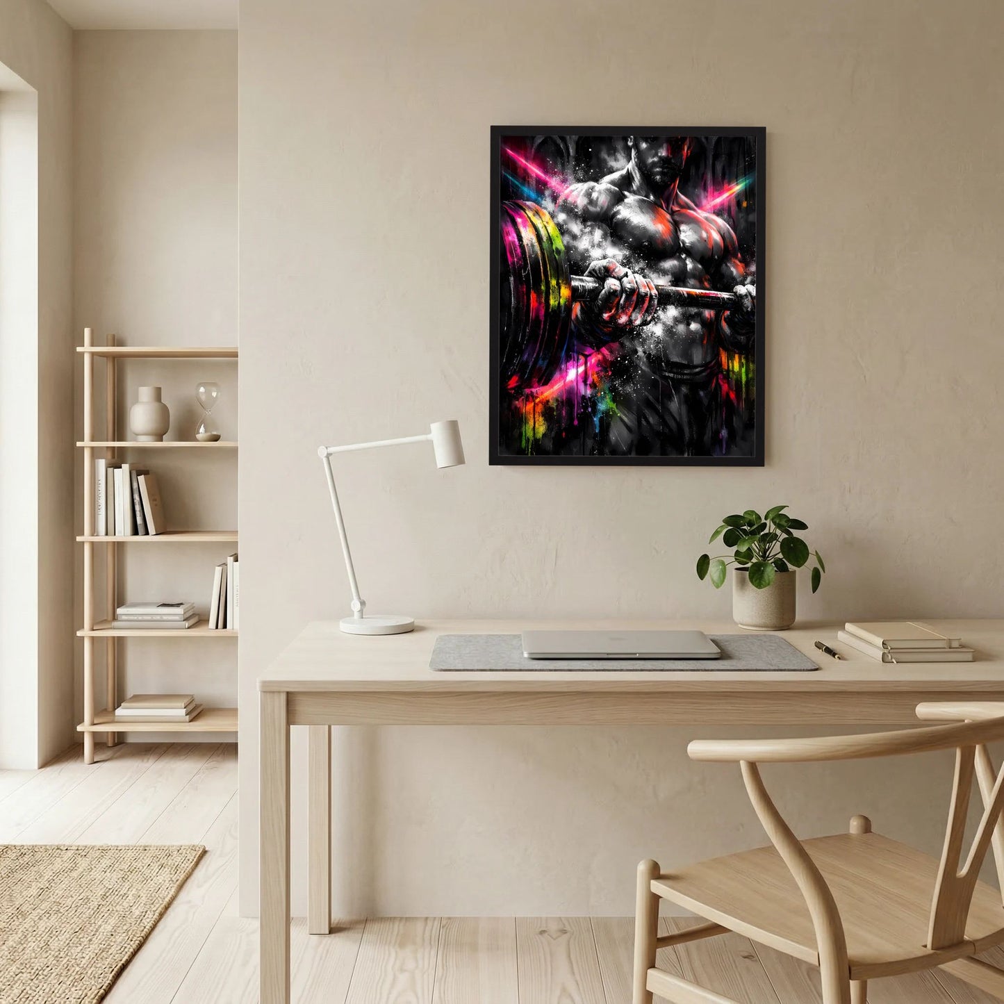Gerahmtes Kunstposter: Bodybuilder mit Langhantel, Neon-Farbstreifen und Spritzoptik auf Schwarz