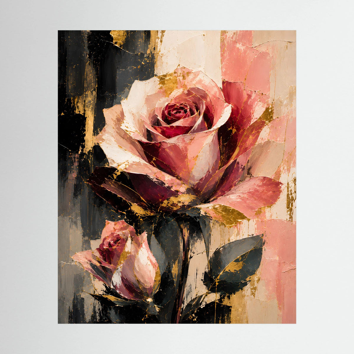 Abstraktes Rosenblumen-Poster mit Rosé- und Goldtönen, dekorativem Strukturmuster