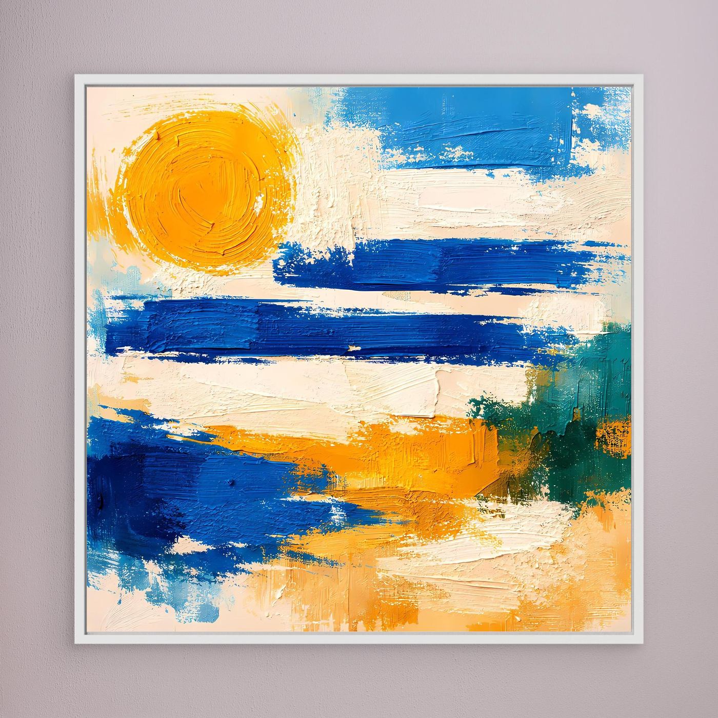 White-framed abstract canvas wall art with blue waves and yellow sun brushstrokes.