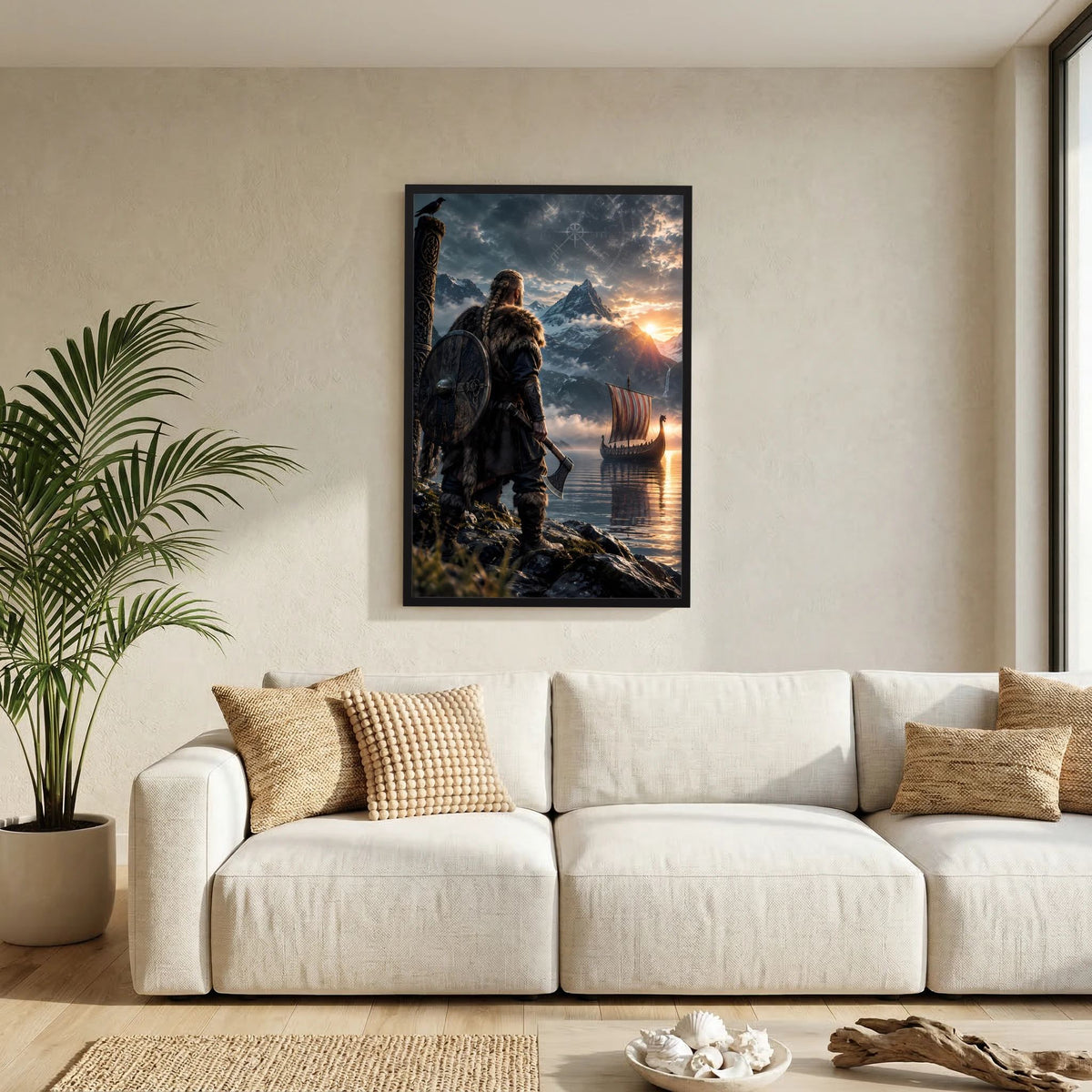 Fantasy-Poster Hochformat mit schwarzem Rahmen: Wikingerkrieger mit Fell, Schild und Schiff