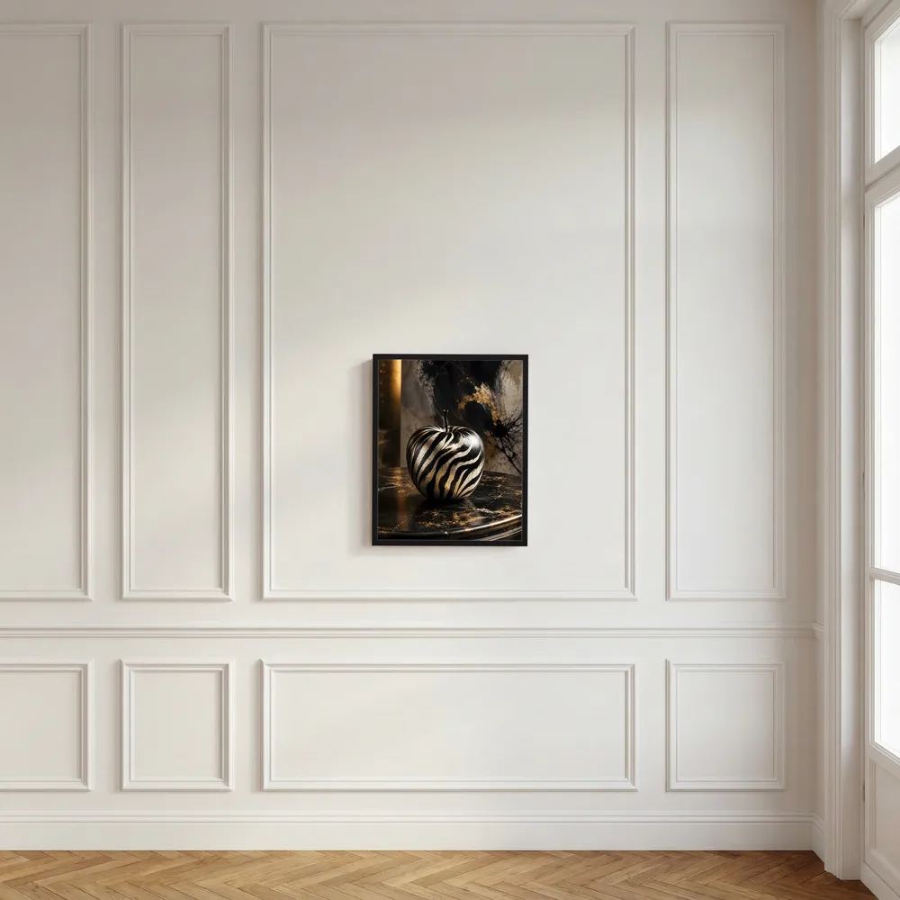 Kleines Kunstposter im schwarzen Rahmen: Zebra-Apfel in Schwarz-Weiß