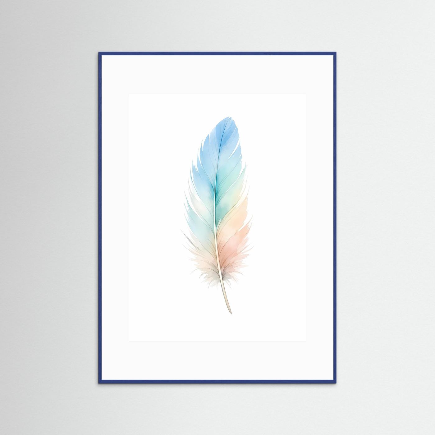 Wandposter mit Aquarellfeder im Pastell-Farbverlauf, blau gerahmt, Hochformat