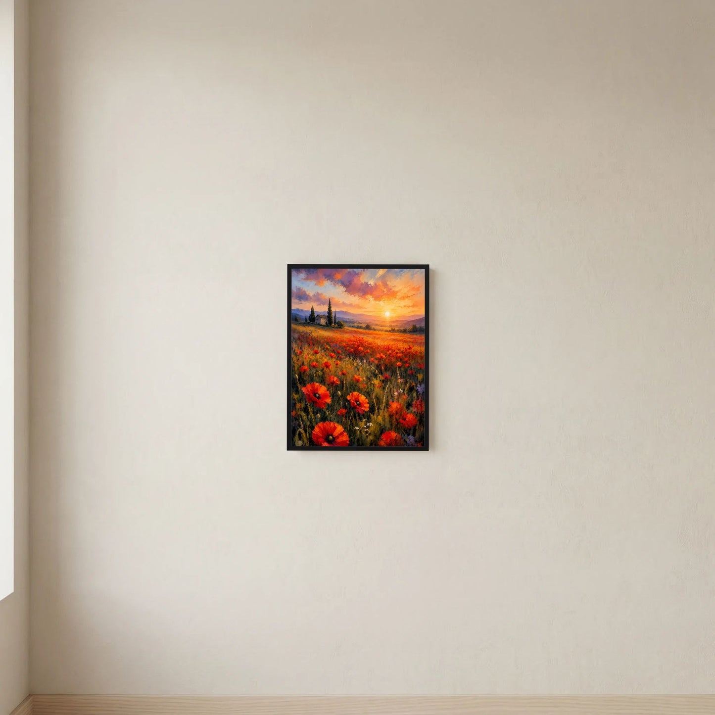 Hochformatiges Poster mit Mohnblumenfeld im Sonnenuntergang, Rot-Orange, schwarzer Rahmen