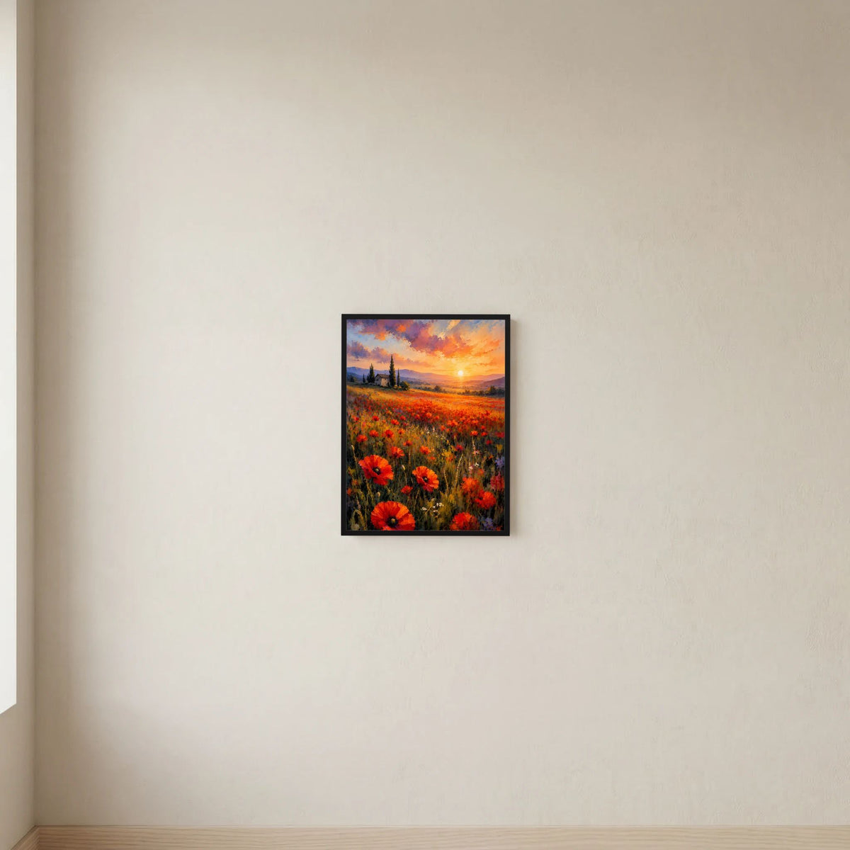 Hochformatiges Poster mit Mohnblumenfeld im Sonnenuntergang, Rot-Orange, schwarzer Rahmen