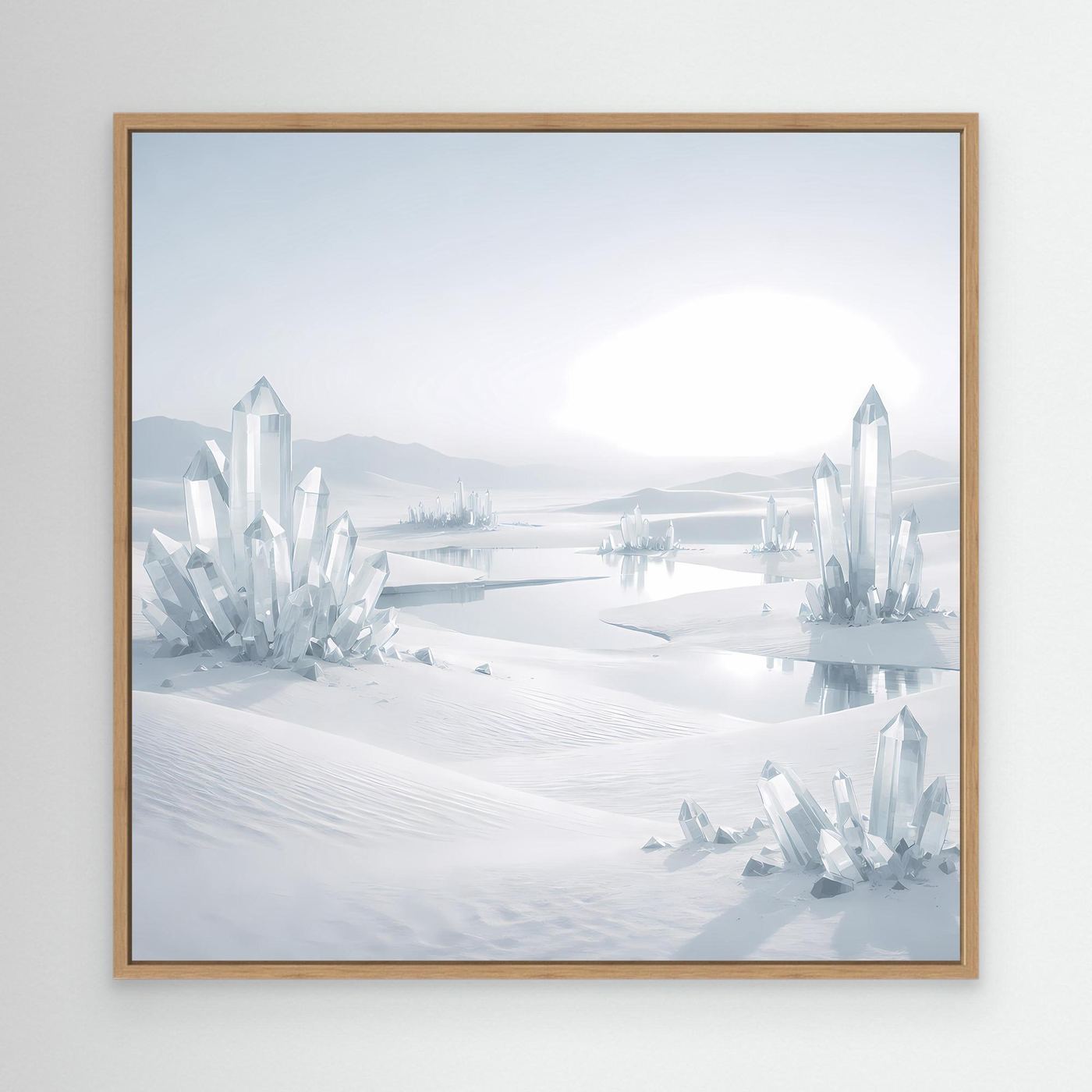 Leinwandbild mit Kristall-Eislandschaft im Winter, Eichenholzrahmen