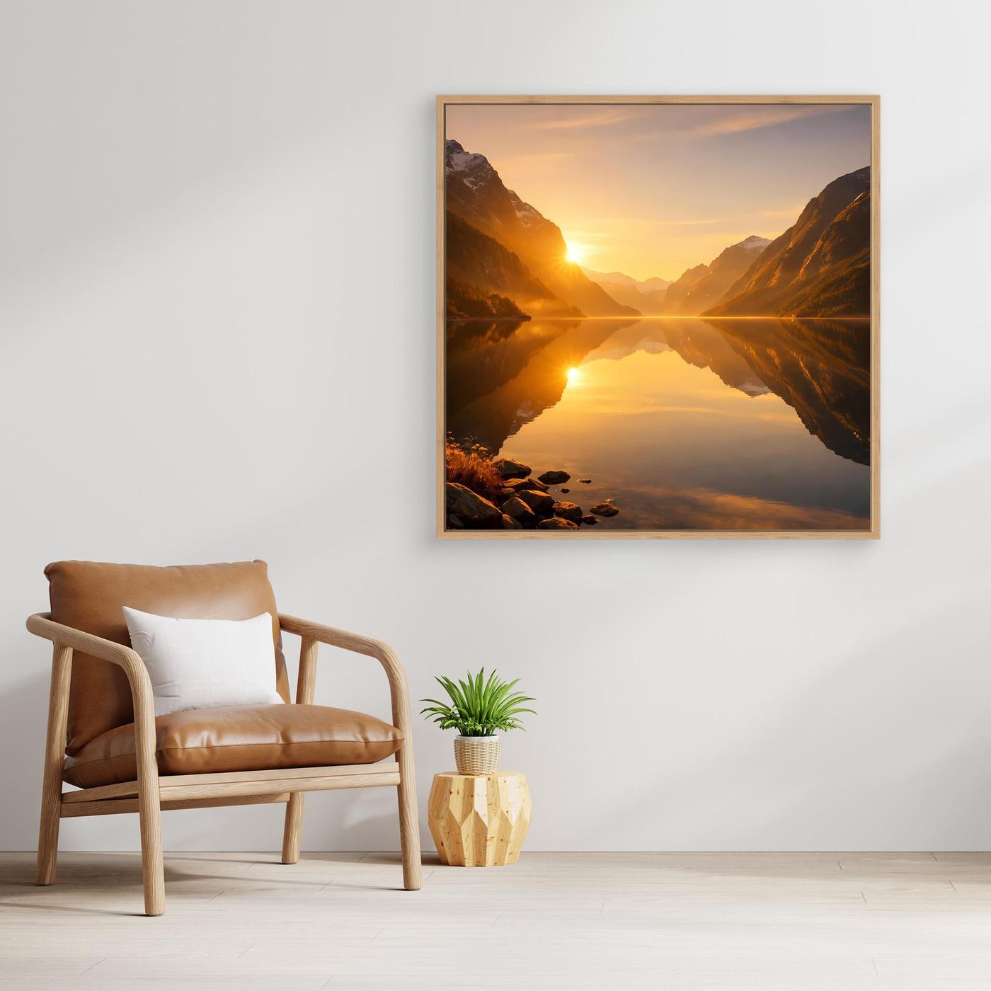 Leinwandbild Goldener Fjord mit Sonnenaufgang über spiegelndem See und Bergen im Eichenrahmen