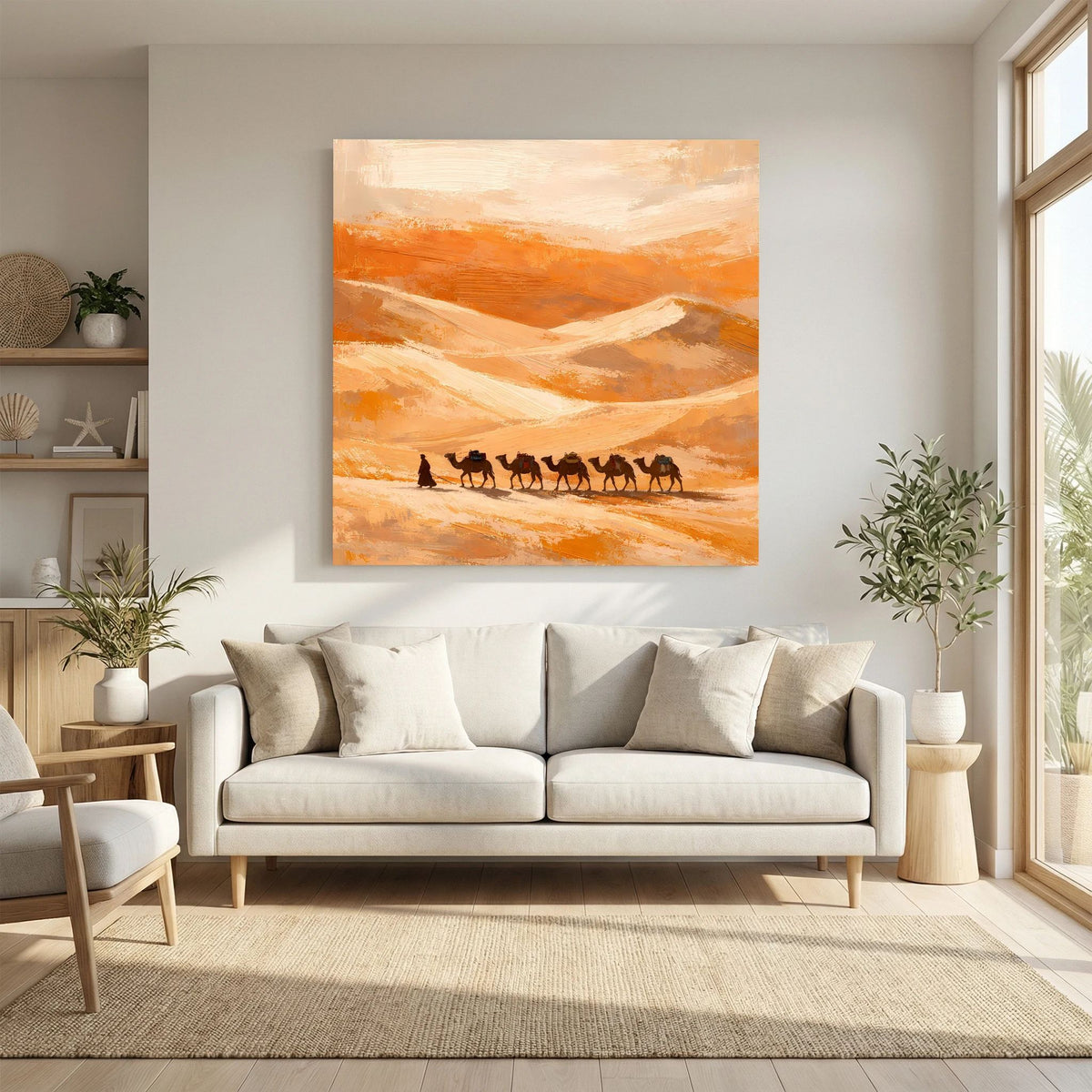 Leinwand-Wandbild mit hellem Holzrahmen: Wüste in Orange mit dunklen Reiter- und Kamel-Silhouetten