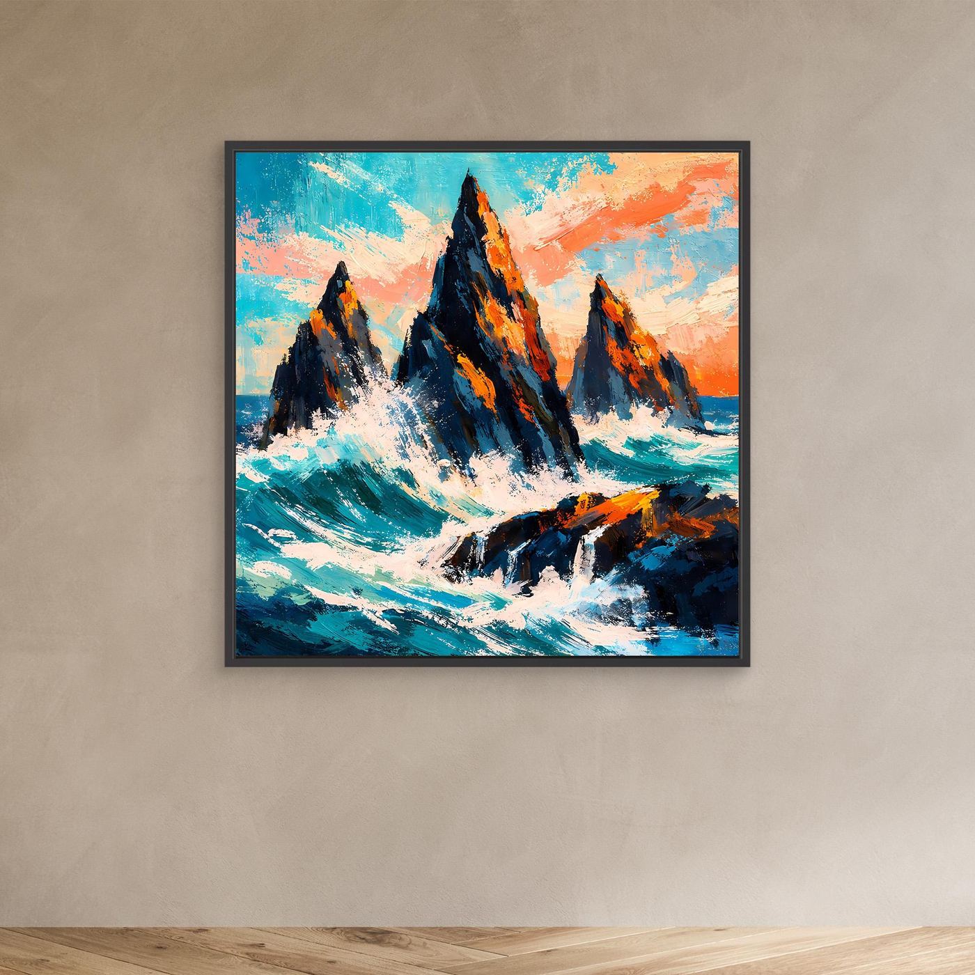 Wandbild mit abstrakten Felsen in der Brandung, türkis-orangen Farben, schwarzer Rahmen