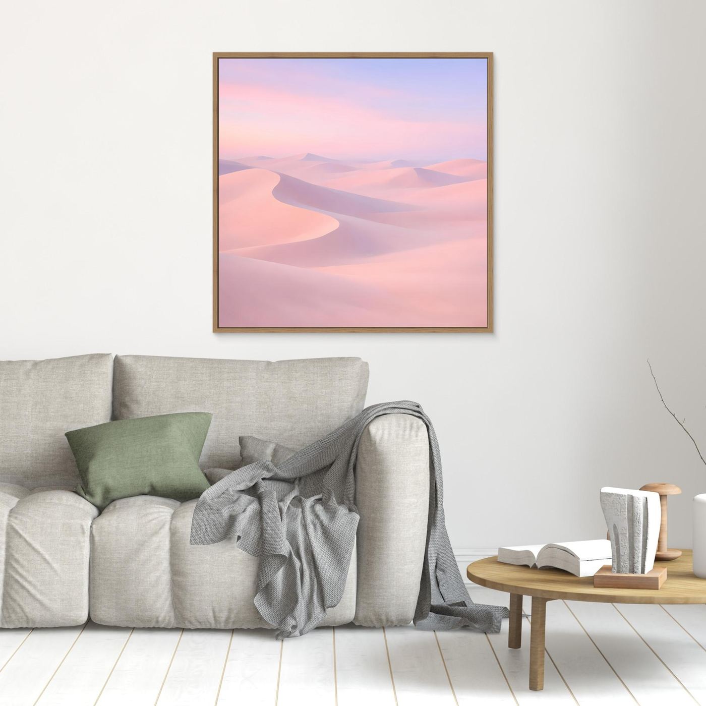 Quadratisches Leinwandbild mit Pastell-Wüstendünen in Rosa und Flieder, Holzrahmen
