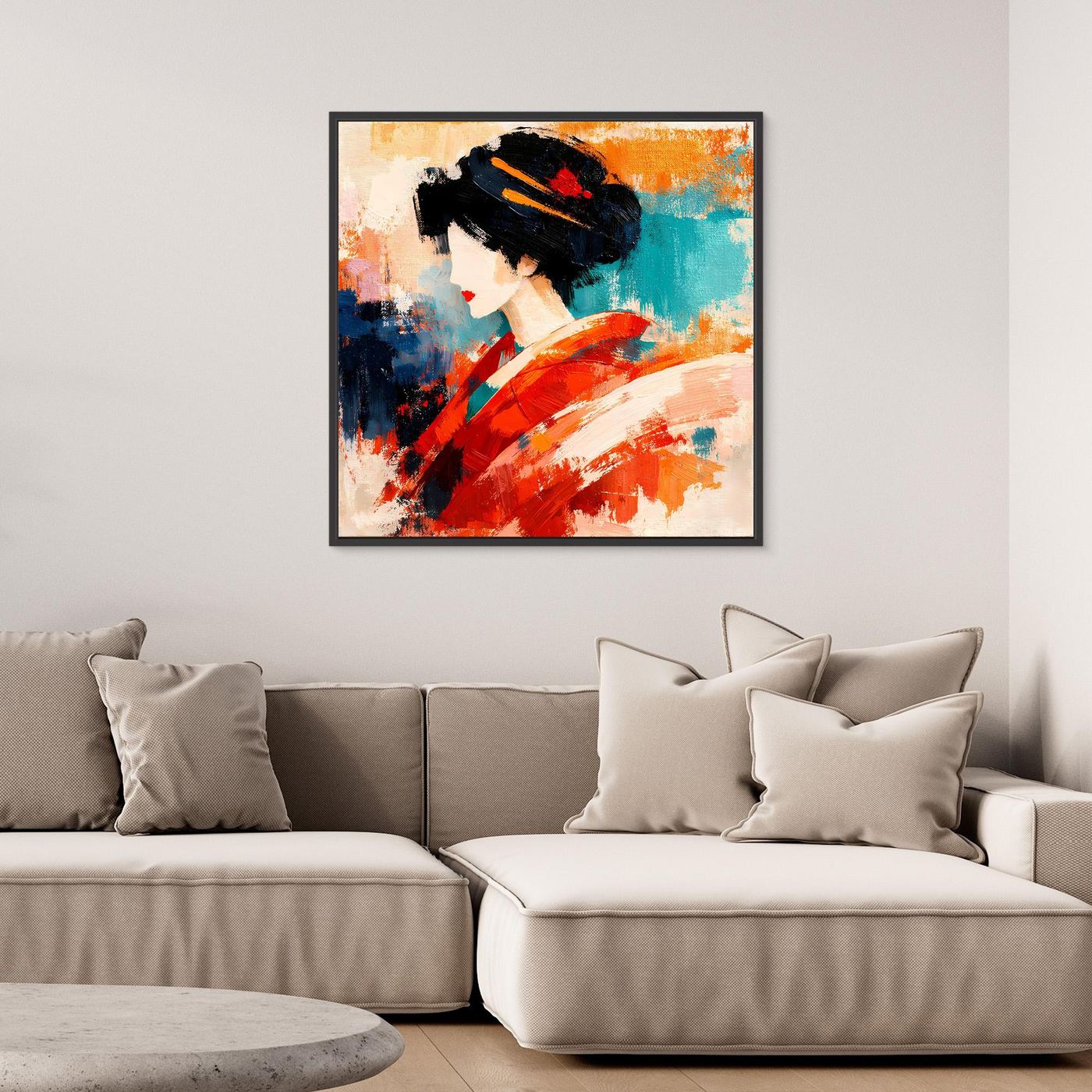 Black-framed square canvas wall art of a geisha in red kimono, blue and orange abstract