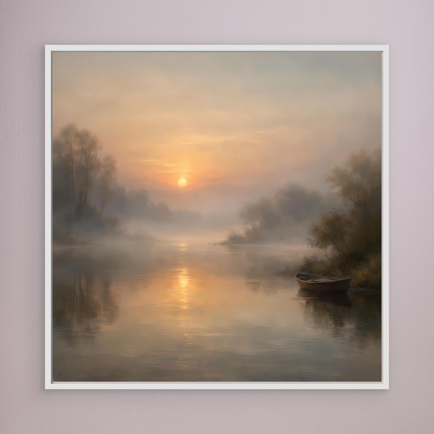 Leinwandbild mit weißem Rahmen: nebliger Flussmorgen, Sonnenaufgang, Boot im Wasser