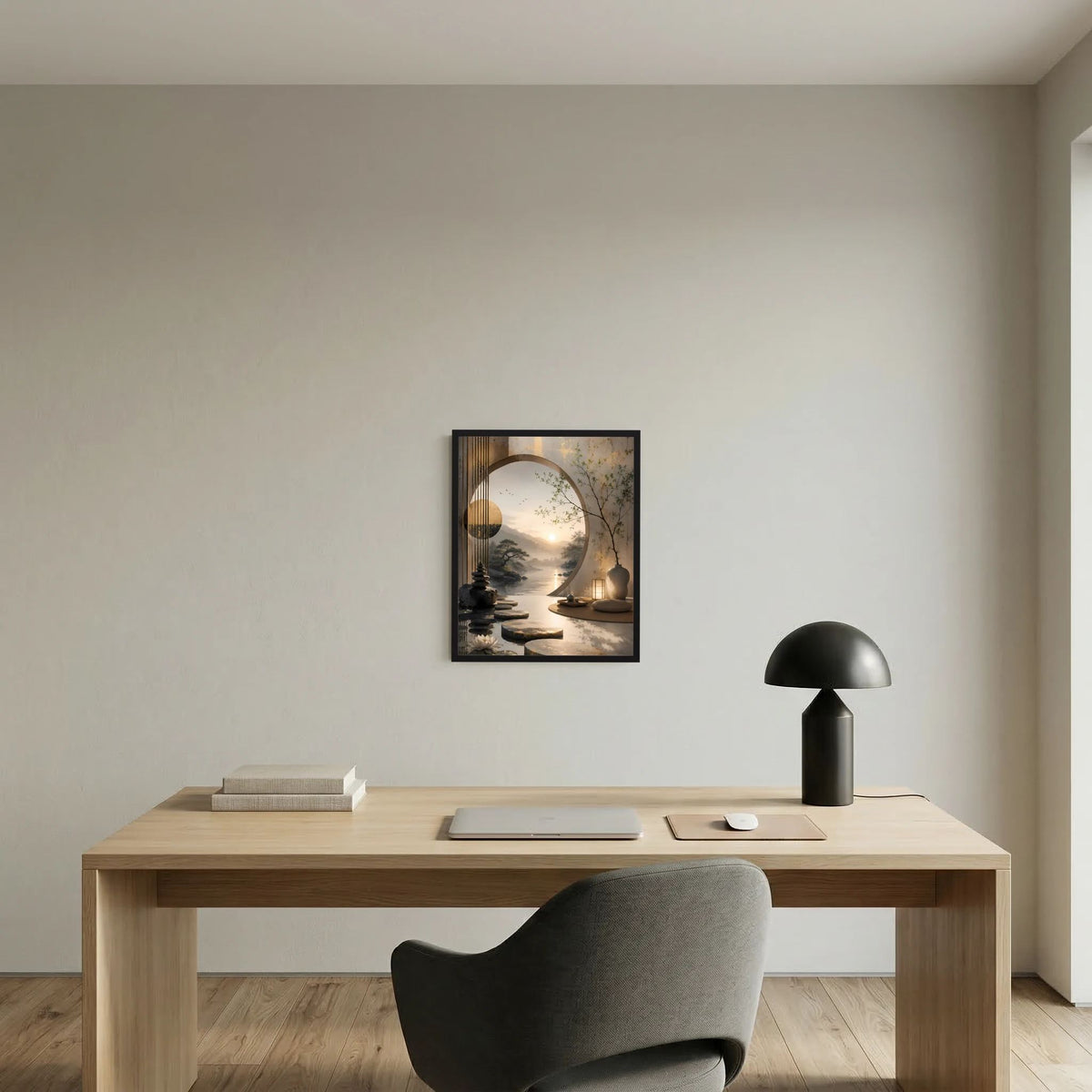 Hochformat-Poster im schwarzen Rahmen mit asiatischer Zen-Landschaft, rundem Mond und See im Dunst