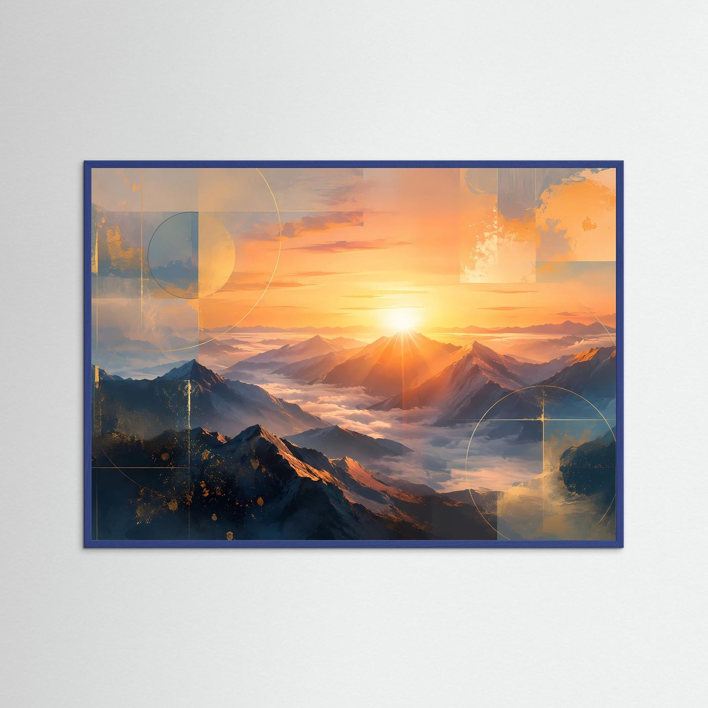 Abstrakte Berglandschaft im Sonnenaufgang | Majestätische Gipfel über dem Wolkenmeer in Gold, Orange & Tiefblau | Moderne Landschaftskunst