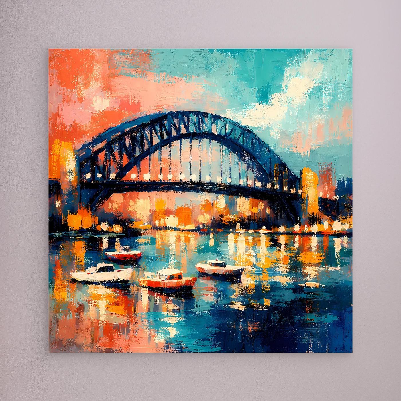Leinwandbild der Sydney Harbour Bridge mit Booten, abstrakt, ohne sichtbaren Rahmen