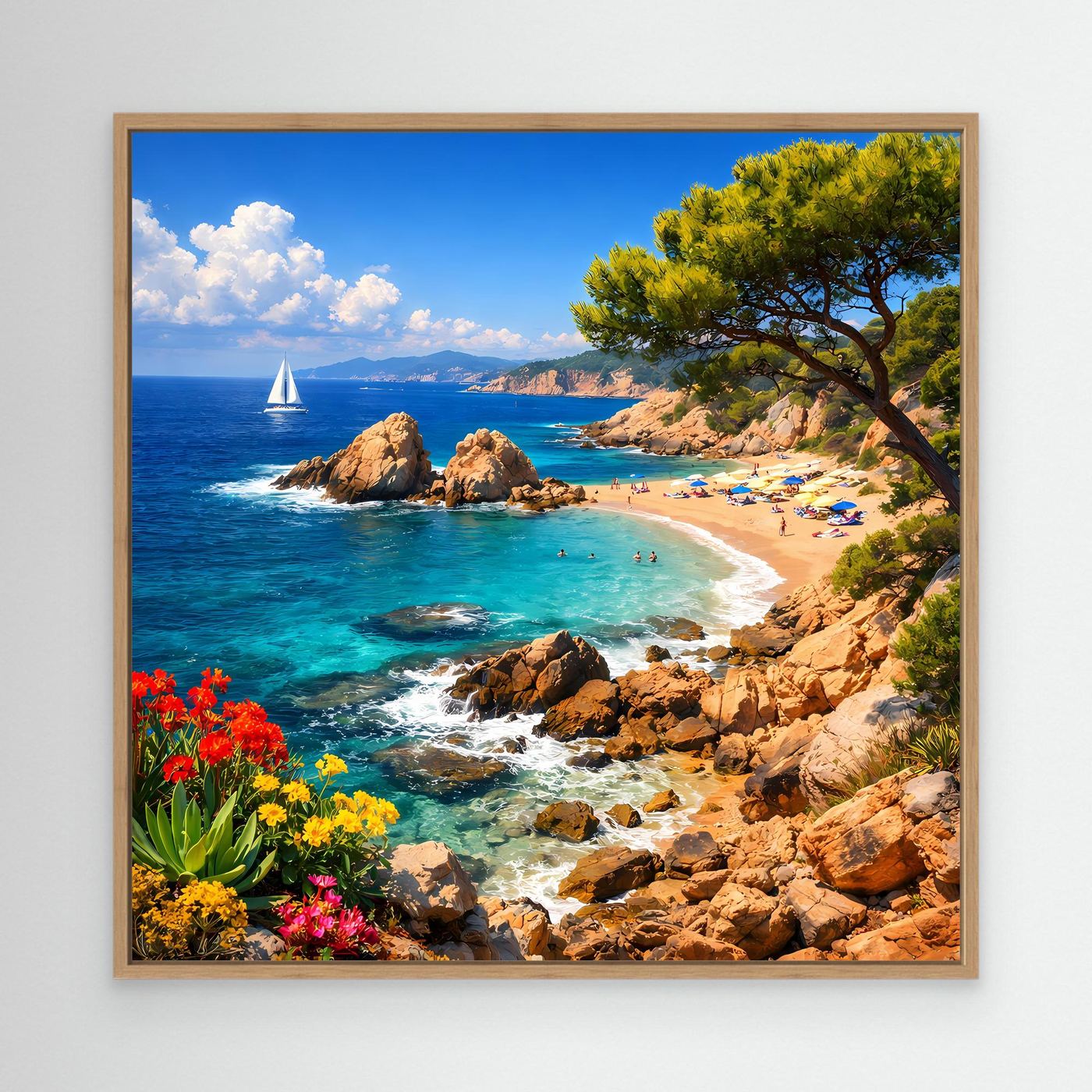 Leinwand-Wandbild mit Küstenlandschaft im Eichenrahmen, türkisfarbenes Meer und Strand