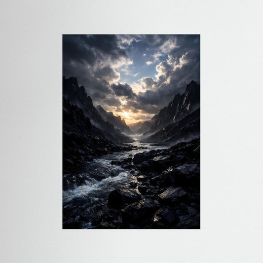 Hochformatiges Kunstposter: reißender Fluss durch dunkle Felsen, dramatischer Himmel