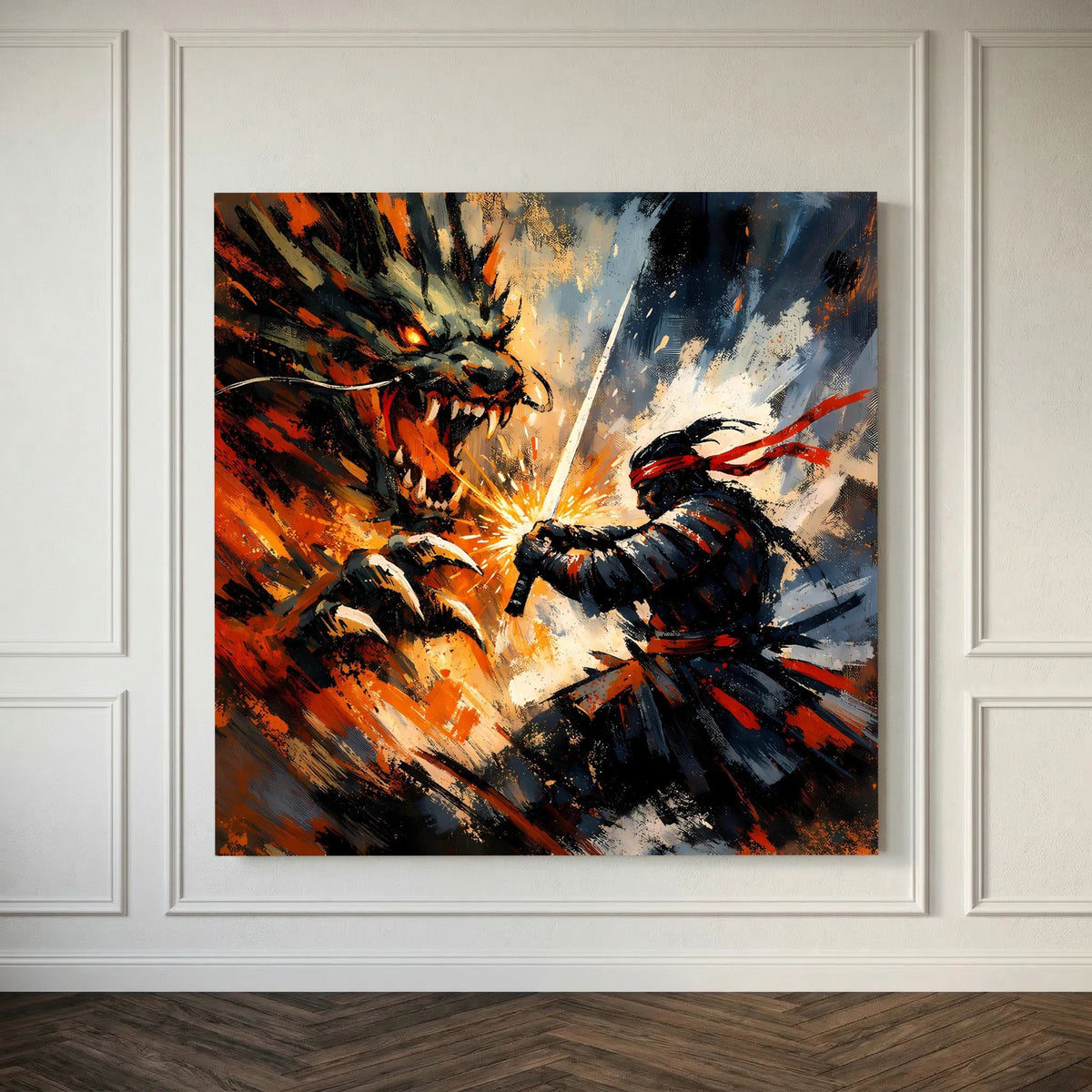 Leinwand-Wandbild mit Rahmenoptik: Samurai kämpft gegen Drache, orange-rote Flammenpunkte und Blau