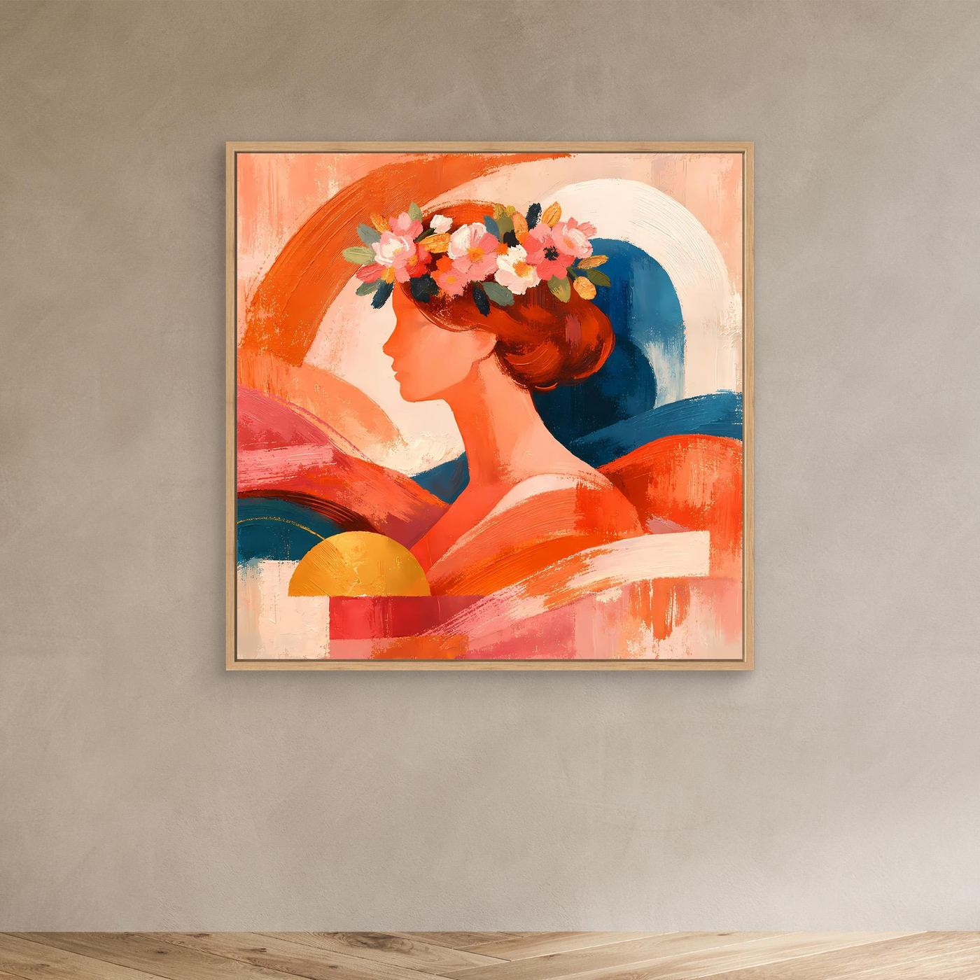 Quadratisches Leinwandbild mit abstraktem Frauenporträt im Profil, Blumen im Haar, Orange/Blau.