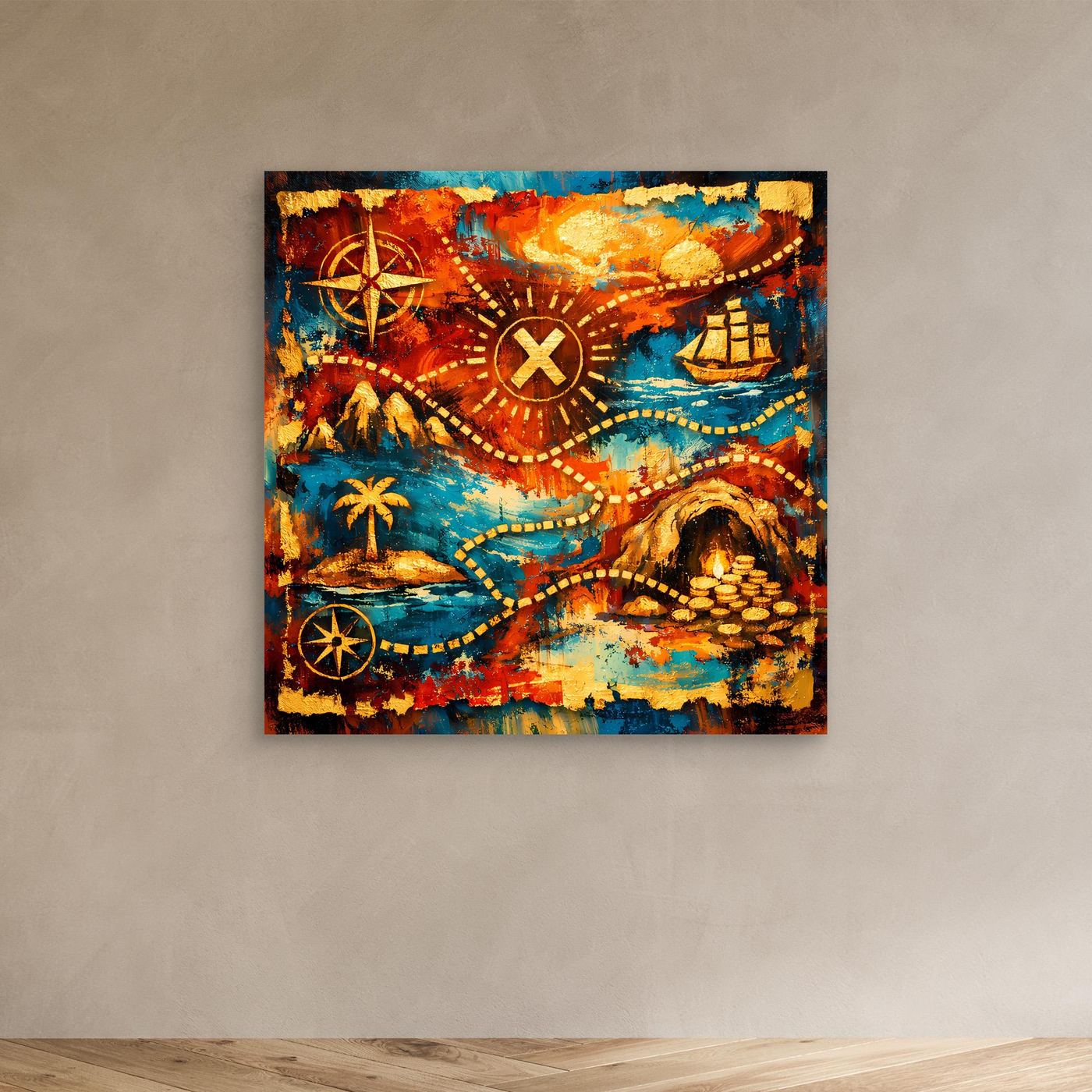 Leinwandbild mit abstrakter Schatzkarte: Kompassrose, X-Zeichen, Pfade, Schiff und Münzen