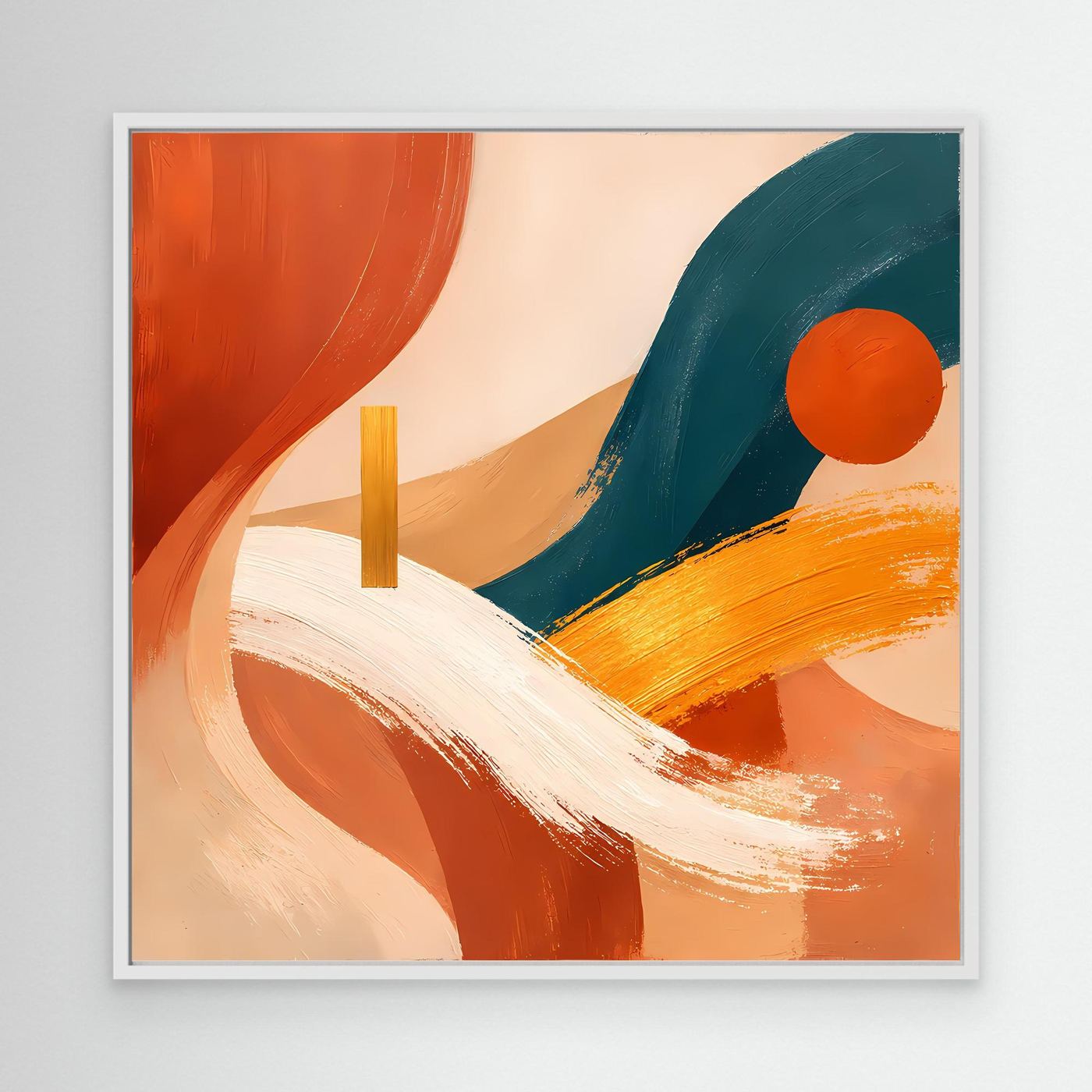 Abstraktes Wandbild auf Leinwand mit hellem Rahmen; geschwungene Pinselstriche, Orange-Kreis