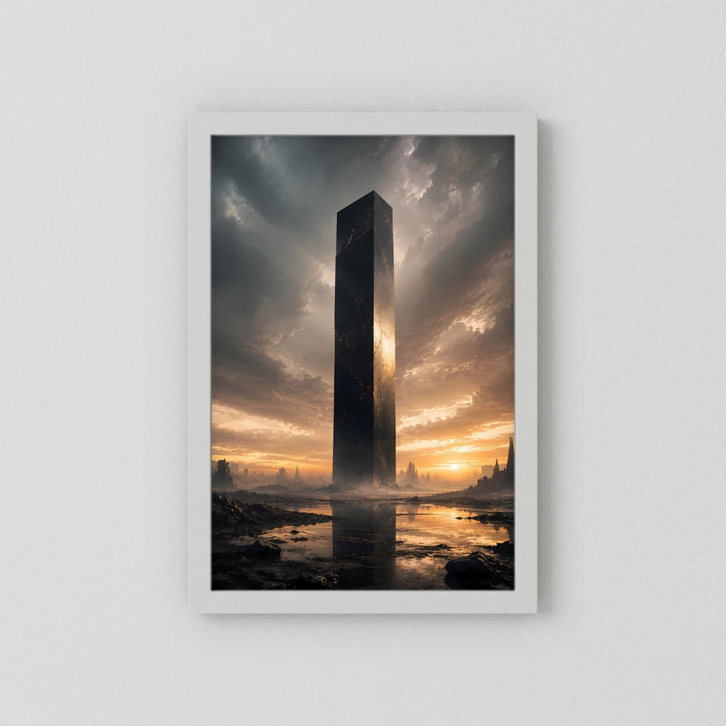 Hochformatiges Poster mit schwarzem Monolithen, Sonnenaufgangslandschaft, weißer Rahmen